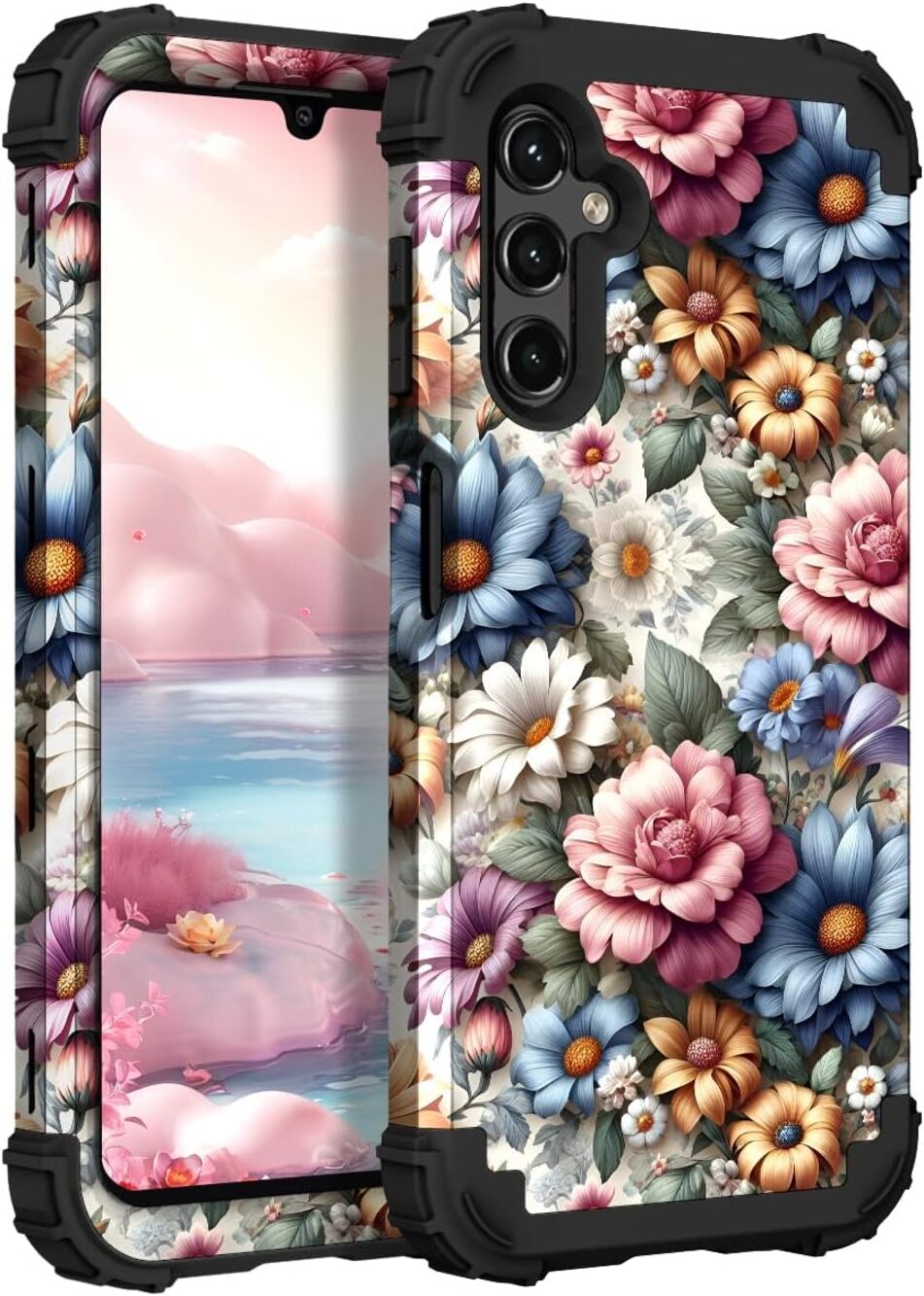 TEECOVER Heavy Duty Samsung Galaxy A15 Case Pink Blue Flowers Shockproof
